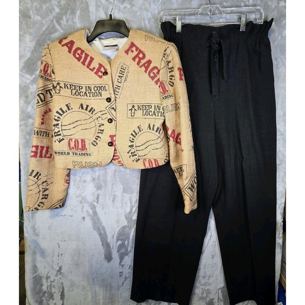 Vtg Granite Pant Suit Set Cargo Graphic Burlap Jacket M Wide Leg Pants Black 10